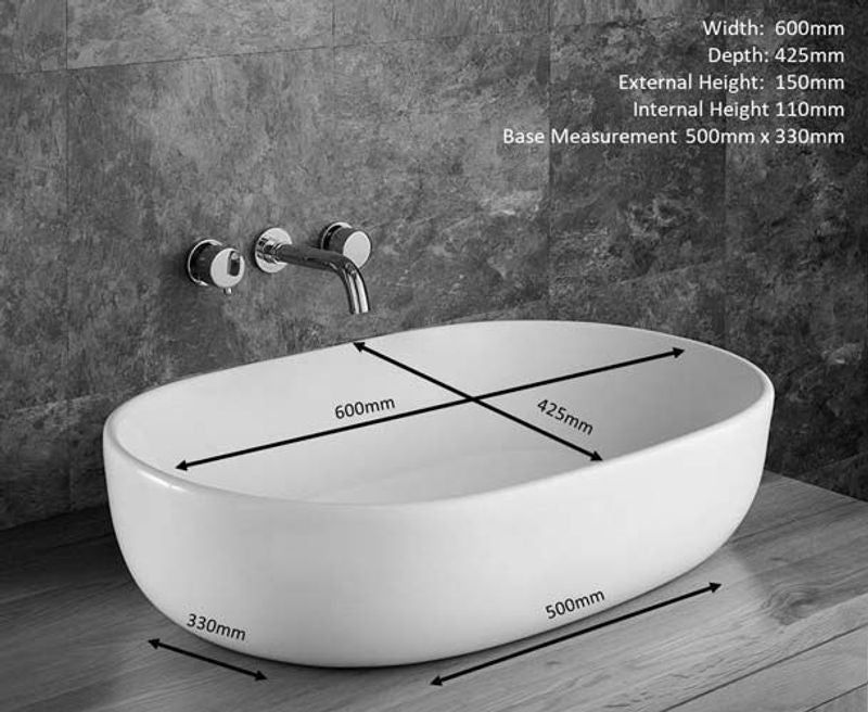 Alara White Ceramic Curved Edges Large Oval Basin 600mm x 425mm - Trusted Building Supplies