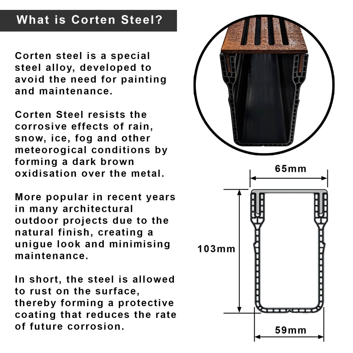 Alusthetic Threshold Channel Drain with CorTen Steel Grating - 1000mm - Trusted Building Supplies