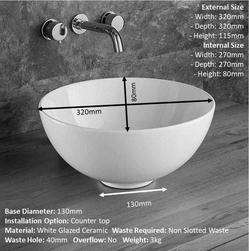 Cami White Ceramic Small Round Countertop Basin 320mm - Trusted Building Supplies