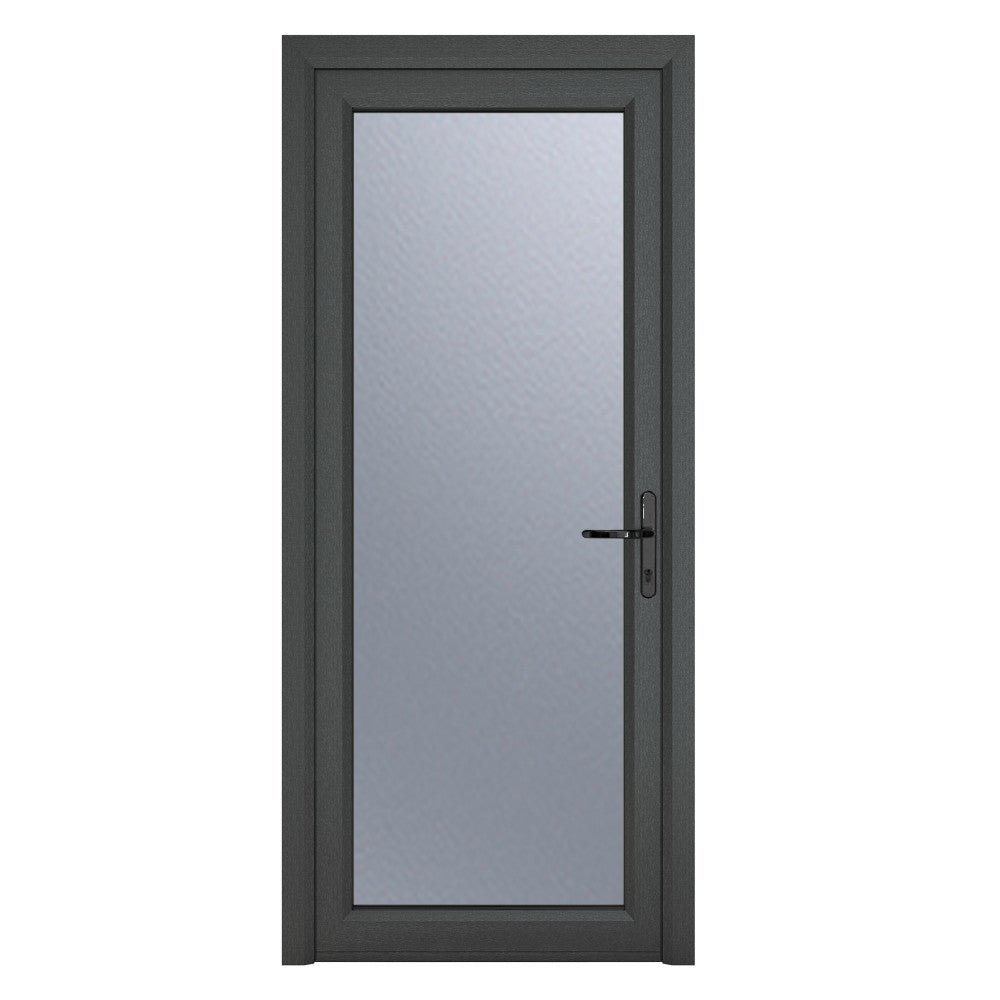 Crystal uPVC Grey Left Hand Inwards Obscure Double Glazed Full Glass Single Door - Trusted Building Supplies