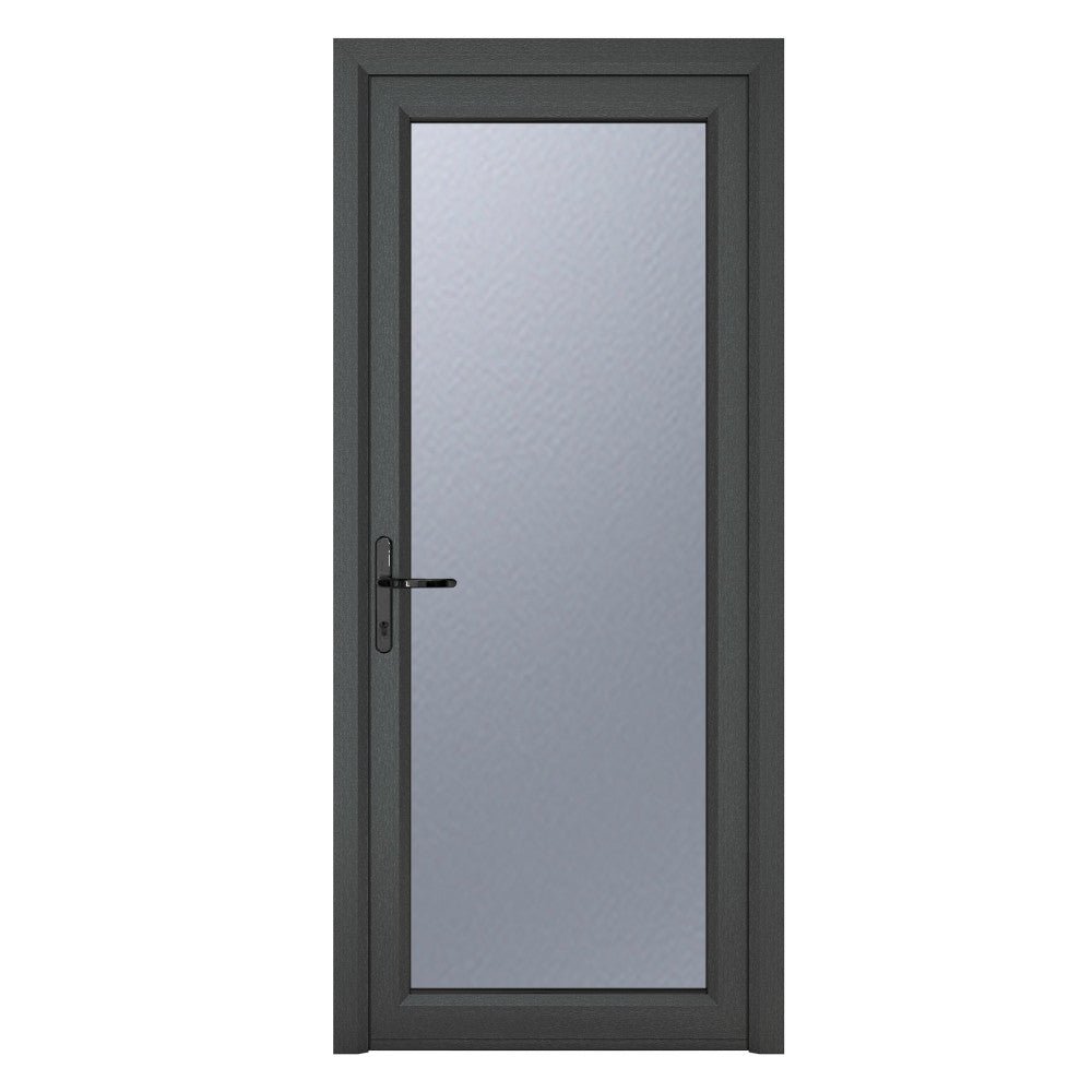 Crystal uPVC Grey Right Hand Inwards Obscure Double Glazed Full Glass Single Door - Trusted Building Supplies