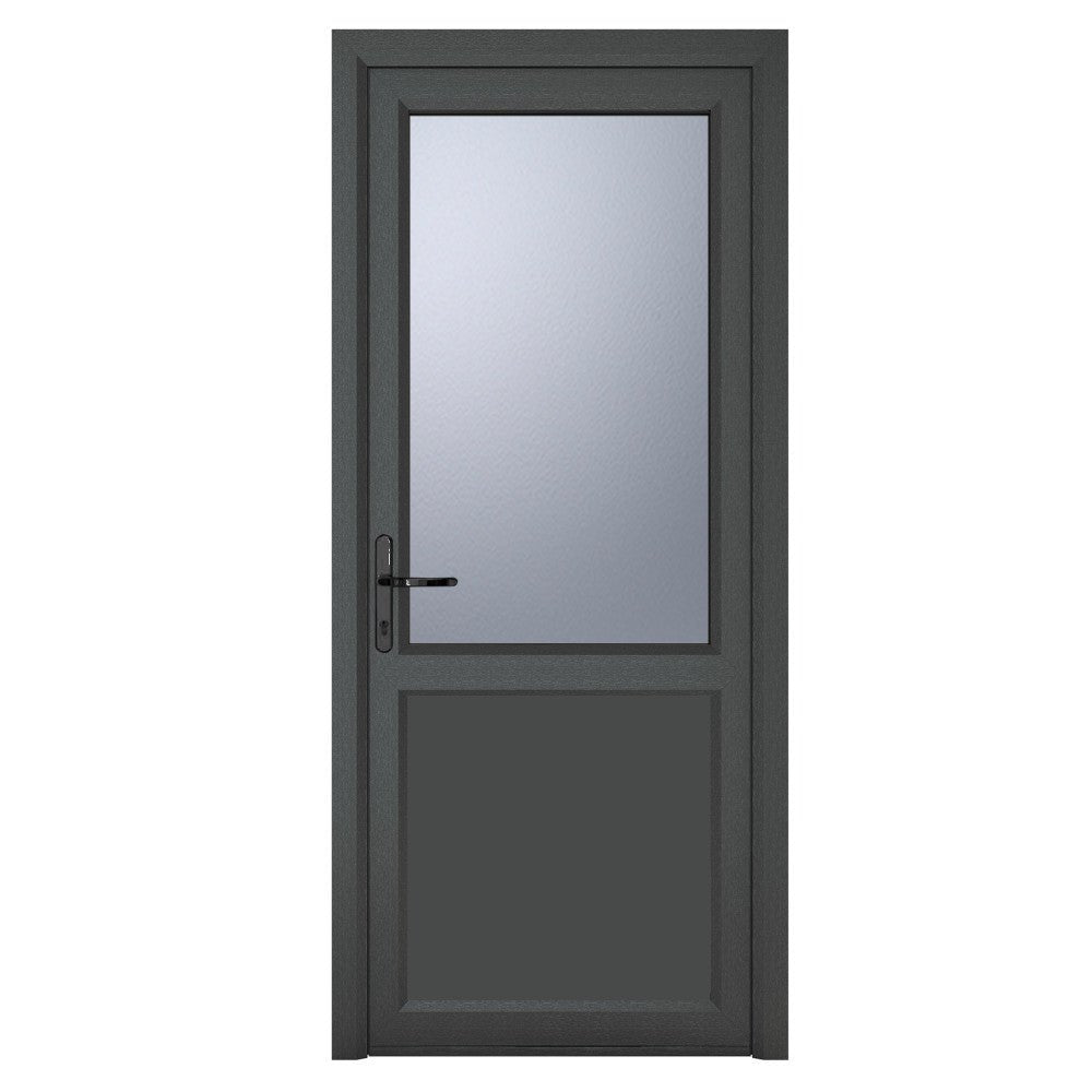 Crystal uPVC Grey Right Hand Inwards Obscure Double Glazed Half Glass Half Panel Single Door - Trusted Building Supplies