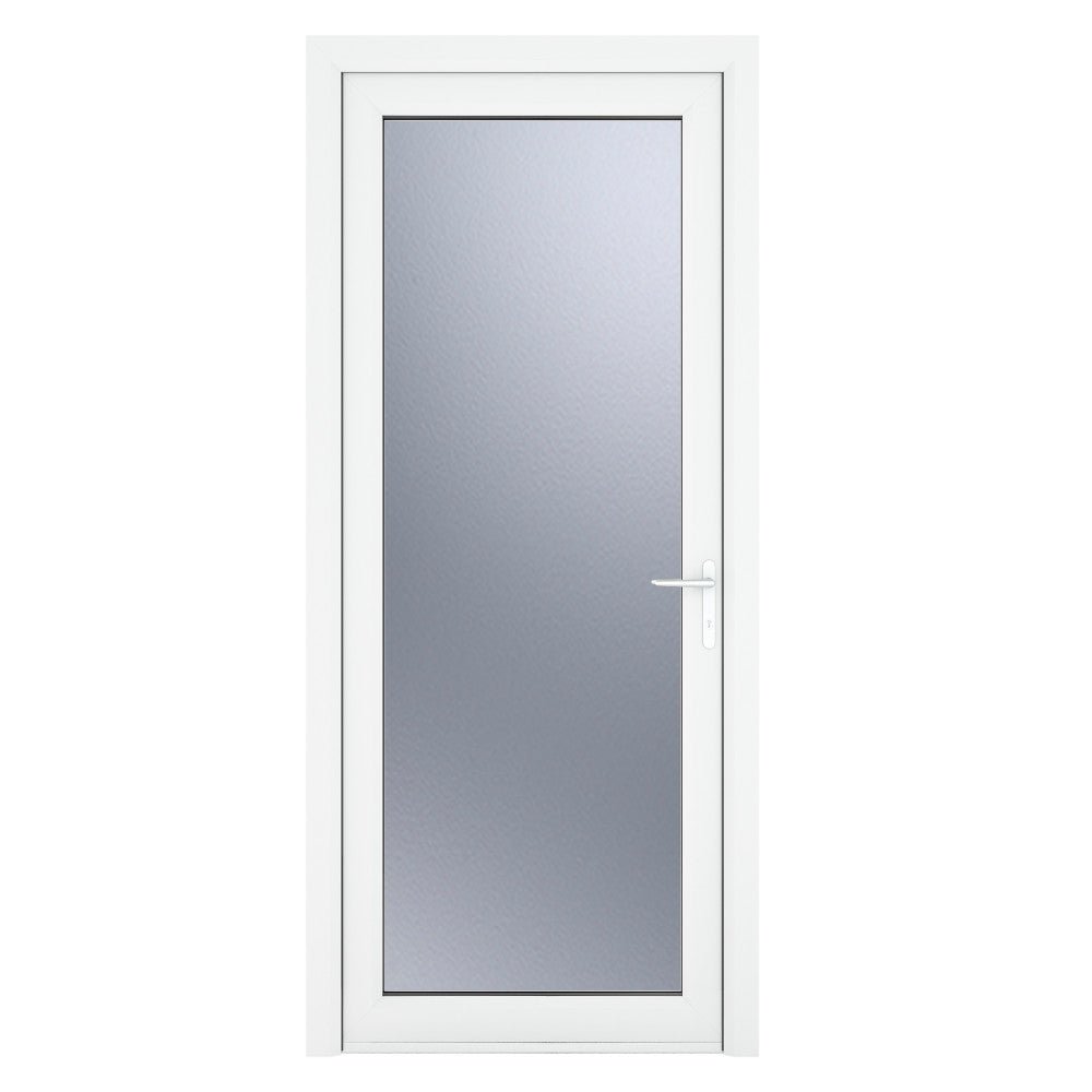 Crystal uPVC White Left Hand Inwards Obscure Double Glazed Full Glass Single Door - Trusted Building Supplies