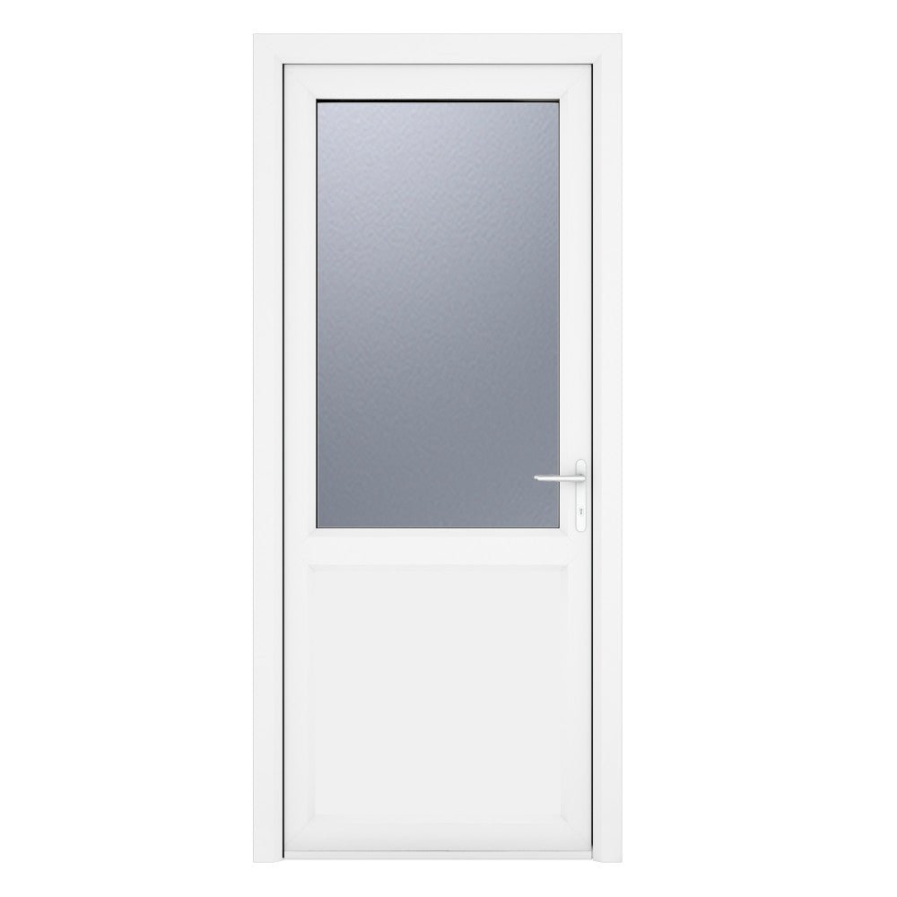 Crystal uPVC White Left Hand Inwards Obscure Double Glazed Half Glass Half Panel Single Door - Trusted Building Supplies