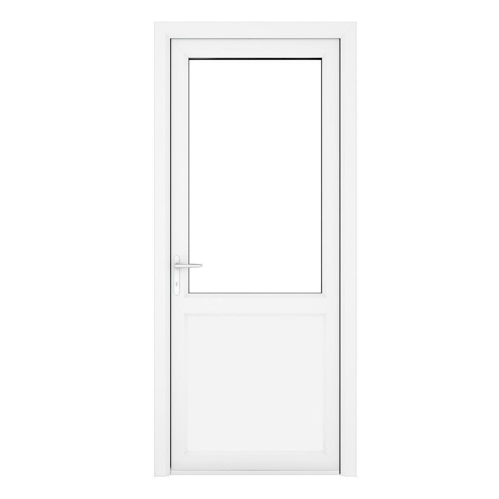 Crystal uPVC White Right Hand Inwards Clear Double Glazed Half Glass Half Panel Single Door - Trusted Building Supplies