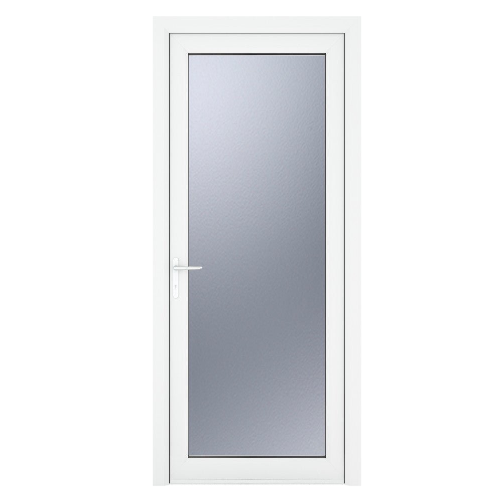 Crystal uPVC White Right Hand Inwards Obscure Double Glazed Full Glass Single Door - Trusted Building Supplies