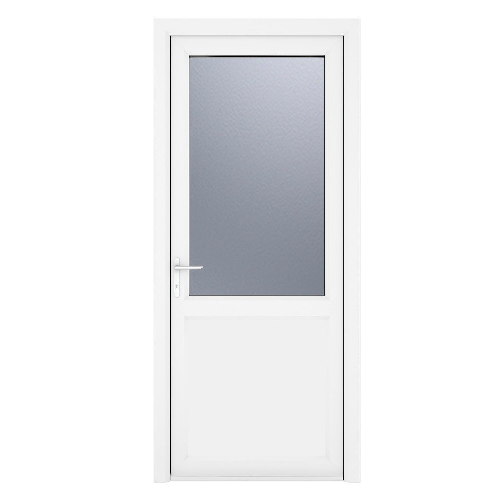 Crystal uPVC White Right Hand Inwards Obscure Double Glazed Half Glass Half Panel Single Door - Trusted Building Supplies