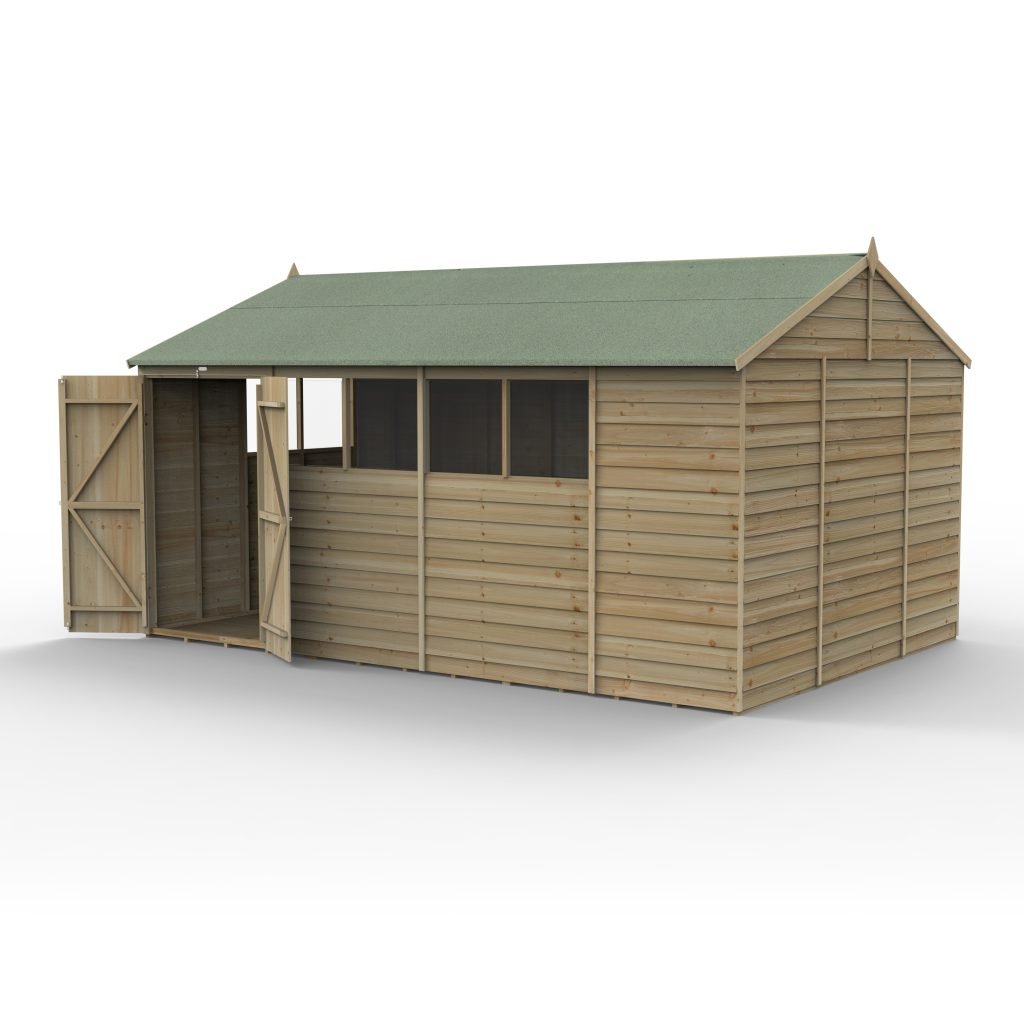 Forest Garden - 4Life Pressure Treated Overlap Reverse Apex Shed - 15ft x 10ft - Trusted Building Supplies
