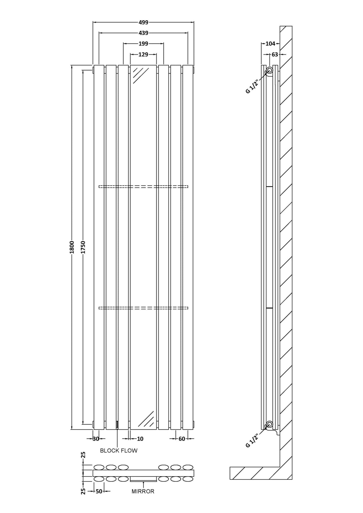 Hudson Reed Revive High Gloss White Double Panel Radiator With Mirror 1800 x 499mm - Trusted Building Supplies