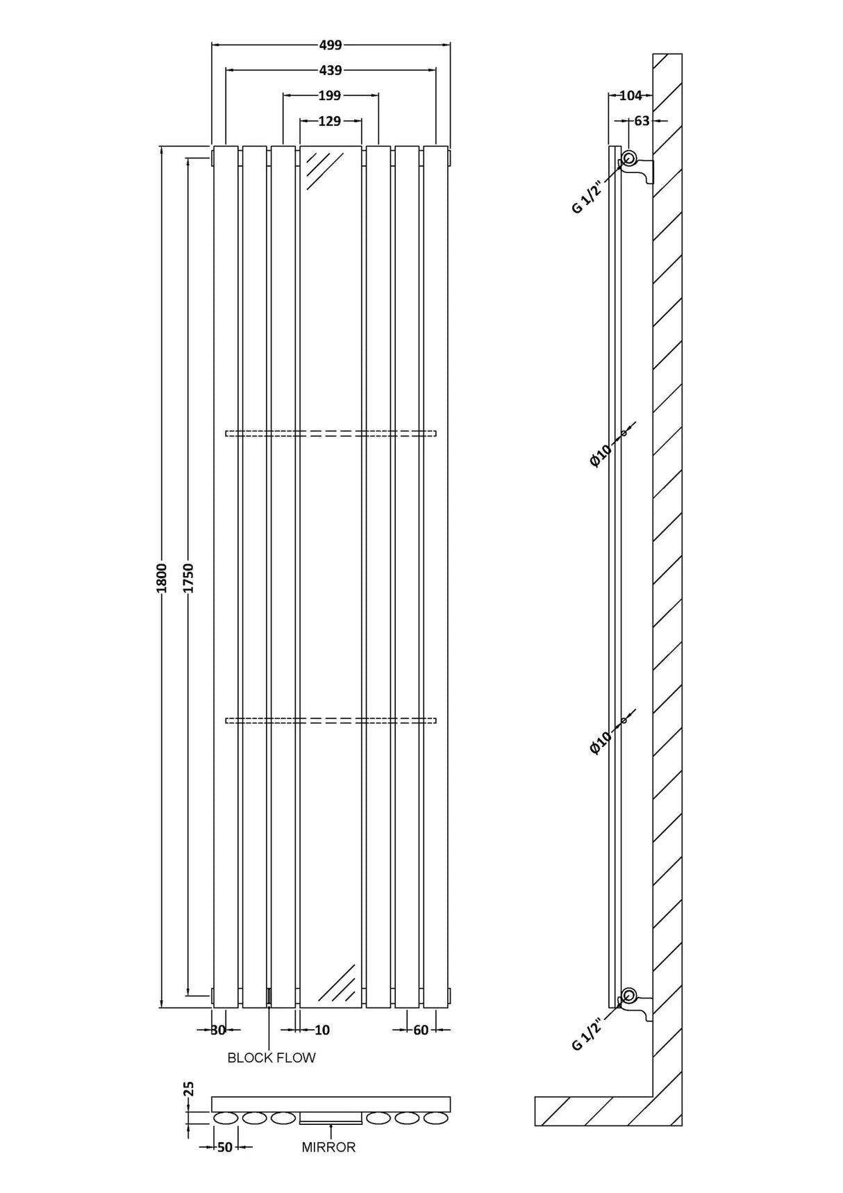 Hudson Reed Revive High Gloss White Single Panel Radiator With Mirror - 1800mm x 499mm - Trusted Building Supplies