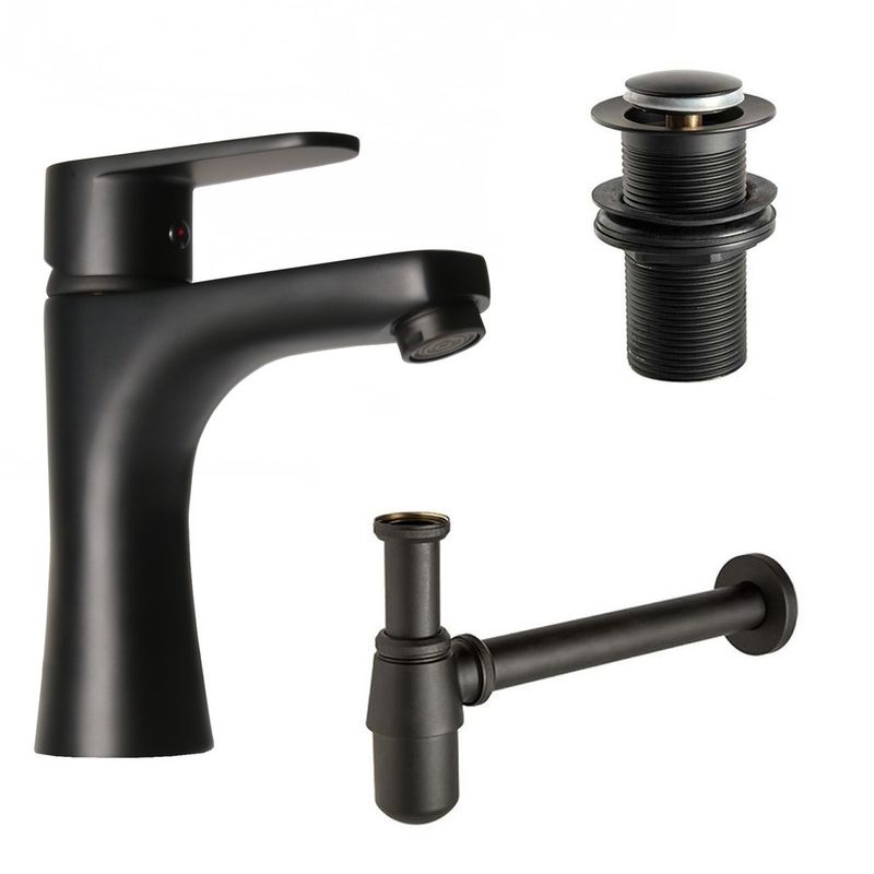Low Matt Black Basin Mixer Tap with Black Non Slotted Waste & Black Bottle Trap - Trusted Building Supplies