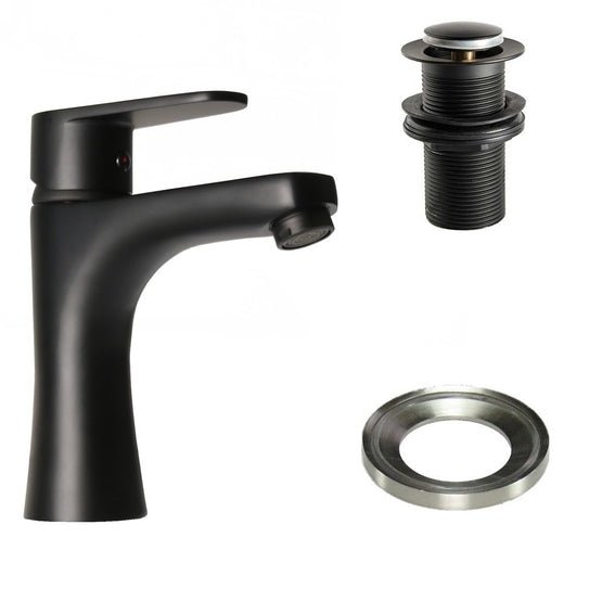 Low Matt Black Basin Mixer Tap with Black Non Slotted Waste & Glass Ring - Trusted Building Supplies