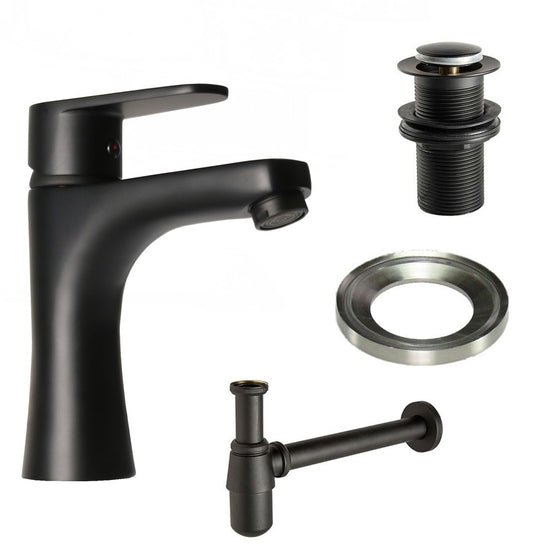 Low Matt Black Basin Mixer Tap with Black Non slotted Waste, Glass Ring & Black Bottle Trap - Trusted Building Supplies