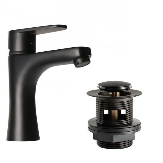 Low Matt Black Basin Mixer Tap with Black Slotted Waste - Trusted Building Supplies