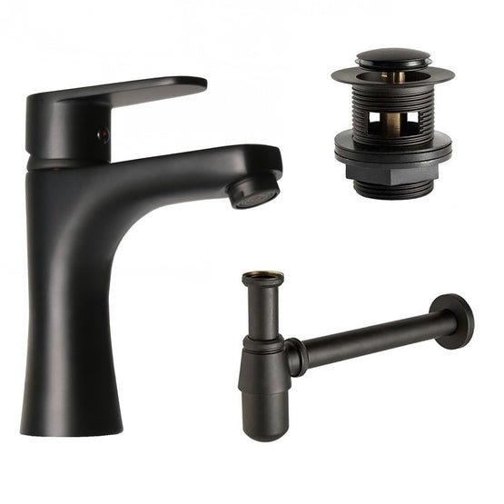 Low Matt Black Basin Mixer Tap with Black Slotted Waste & Black Bottle Trap - Trusted Building Supplies