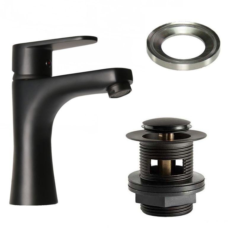 Low Matt Black Basin Mixer Tap with Black Slotted Waste & Glass Ring - Trusted Building Supplies