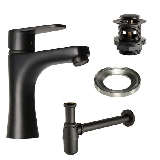 Low Matt Black Basin Mixer Tap with Black Slotted Waste, Glass Ring & Black Bottle Trap - Trusted Building Supplies