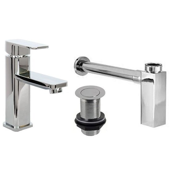 Low Square Chrome Tap with Unslotted Waste & Bottle Trap - Trusted Building Supplies