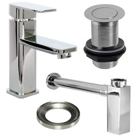 Low Square Chrome Tap with Unslotted Waste, Bottle Trap & Mounting Ring - Trusted Building Supplies