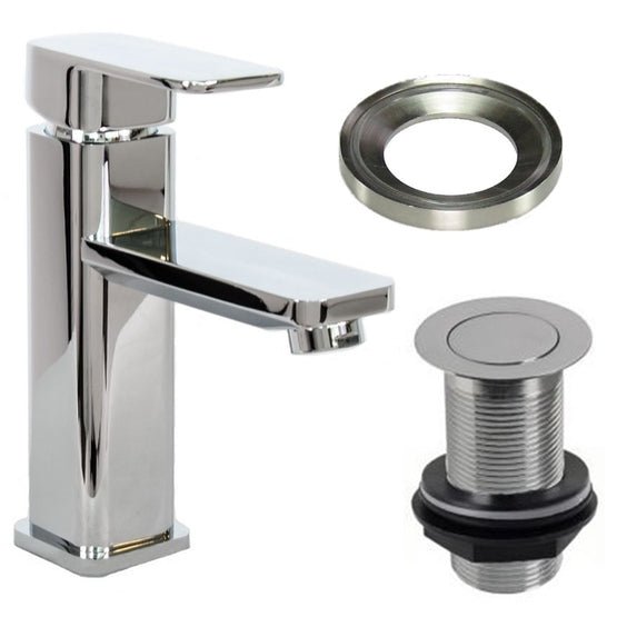 Low Square Chrome Tap with Unslotted Waste & Mounting Ring - Trusted Building Supplies