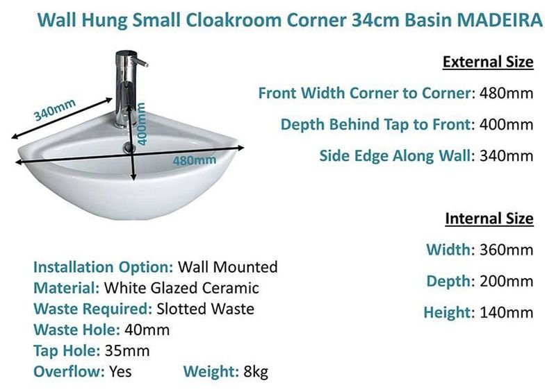 Madeira White Ceramic Small Corner Basin with Integral Overflow 480mm - Trusted Building Supplies