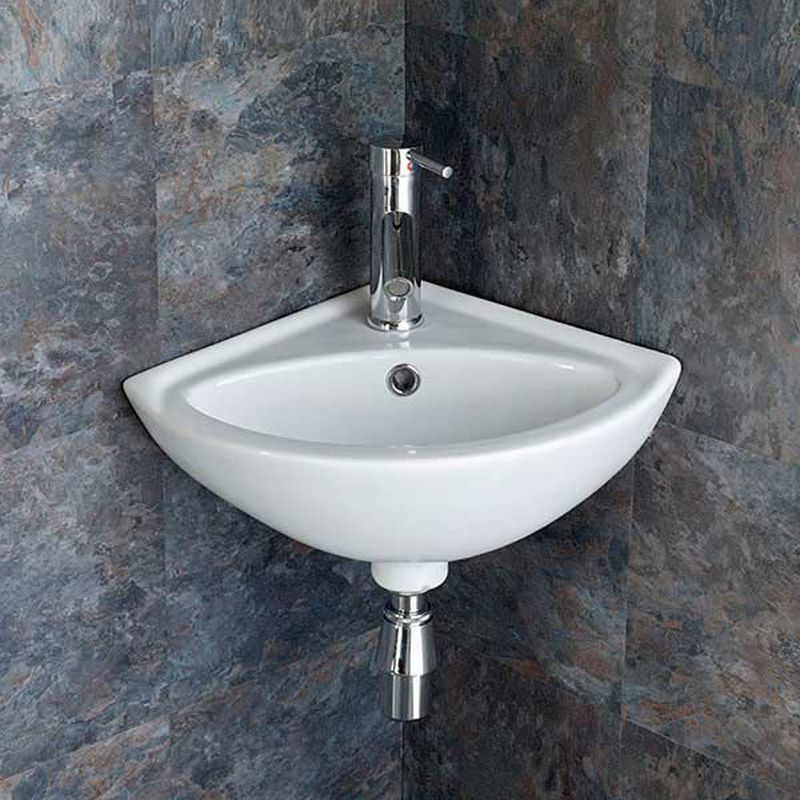 Madeira White Ceramic Small Corner Basin with Integral Overflow 480mm - Trusted Building Supplies