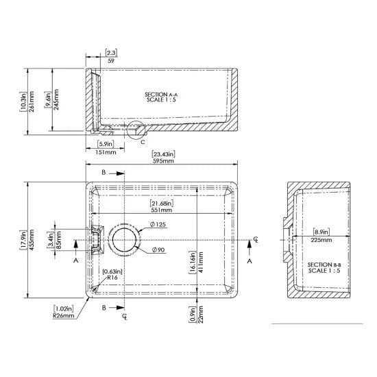 Nuie White Belfast Fireclay Kitchen Sink 1 Bowl - 595mm x 455mm - Trusted Building Supplies