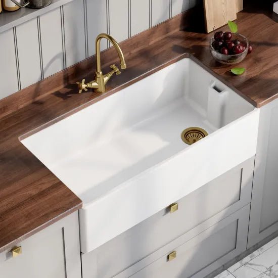Nuie White Belfast Fireclay Kitchen Sink 1 Bowl - 895mm x 460mm - Trusted Building Supplies