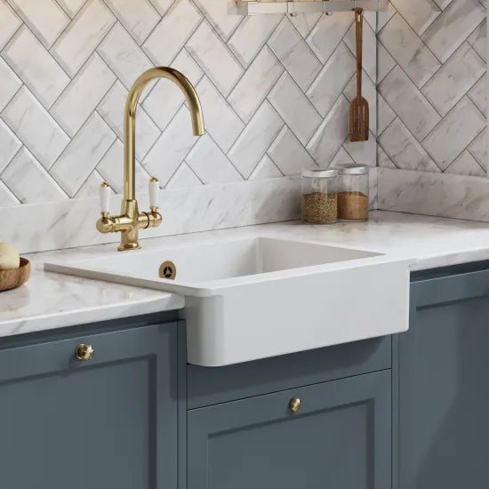 Nuie White Butler Overmount Fireclay Kitchen Sink 1 Bowl with Overflow - 595mm x 460mm - Trusted Building Supplies