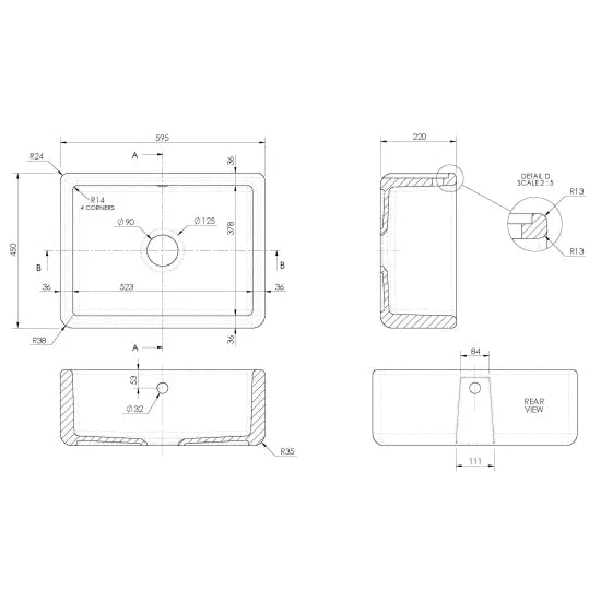 Nuie White Butler Thick Edged Kitchen Sink with Overflow 1 Bowl - 595mm x 450mm - Trusted Building Supplies