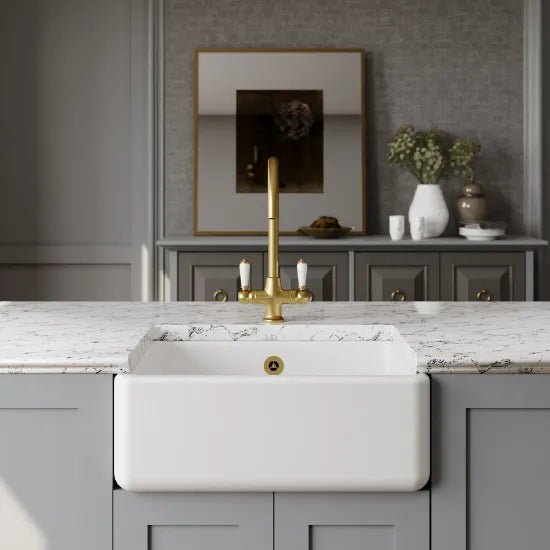 Nuie White Butler Thick Edged Kitchen Sink with Overflow 1 Bowl - 595mm x 450mm - Trusted Building Supplies