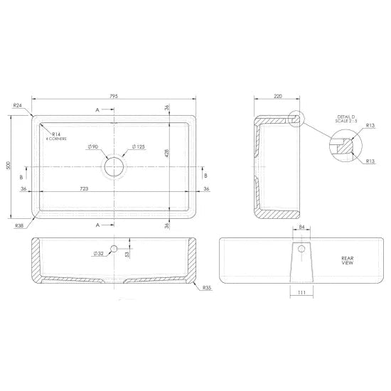 Nuie White Butler Thick Edged Kitchen Sink with Overflow 1 Bowl - 795mm x 500mm - Trusted Building Supplies
