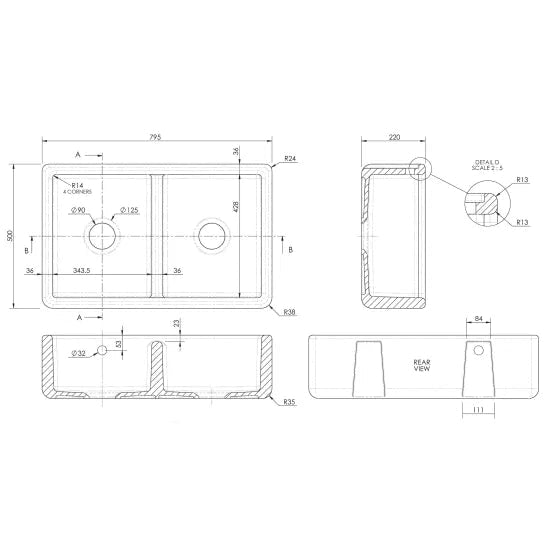 Nuie White Butler Thick Edged Kitchen Sink with Overflow 2 Bowl - 795mm x 500mm - Trusted Building Supplies
