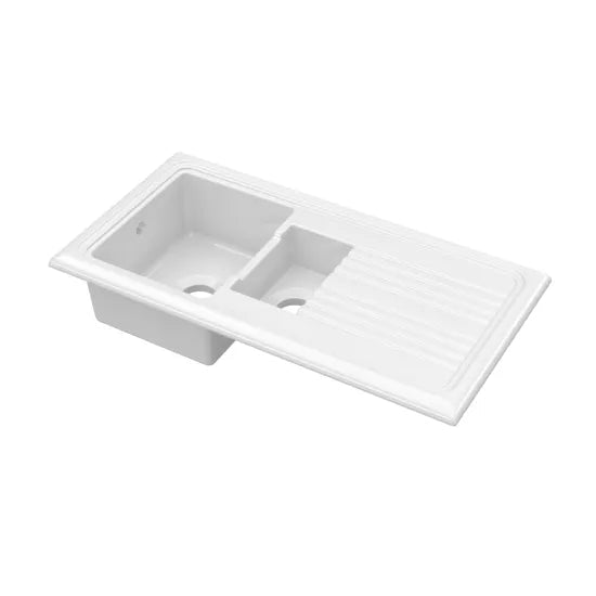 Nuie White Inset Fireclay Kitchen Drainer Sink 1.5 Bowl - 1010mm x 525mm - Trusted Building Supplies