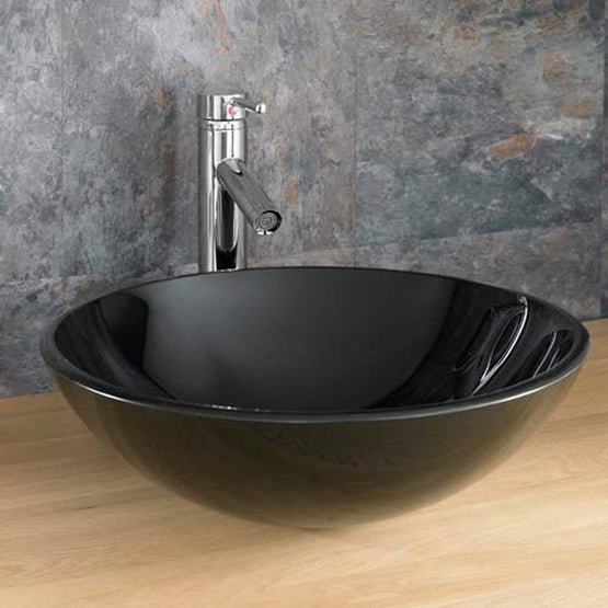 Padova Black Glass Large Round Countertop Basin 420mm - Trusted Building Supplies