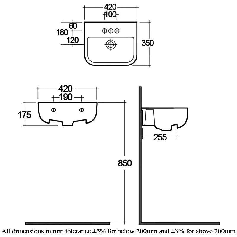 RAK Series 600 1 Tap Hole Semi Recessed Basin - 420mm - Trusted Building Supplies
