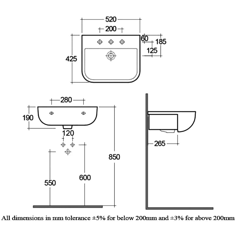 RAK Series 600 1 Tap Hole Semi Recessed Basin - 520mm - Trusted Building Supplies