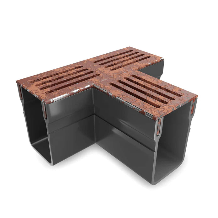 Alusthetic Threshold Channel Drain T-Section with CorTen Steel Grating