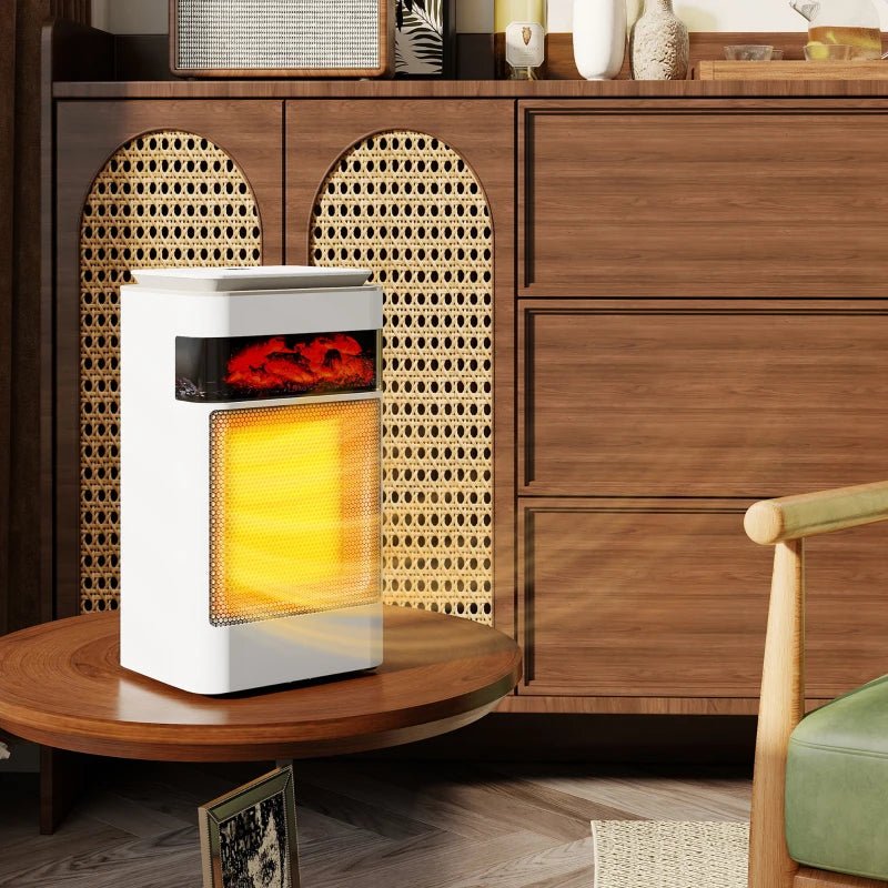 HOMCOM 1500W Portable Flame Effect Desk Heater - White - Trusted Building Supplies