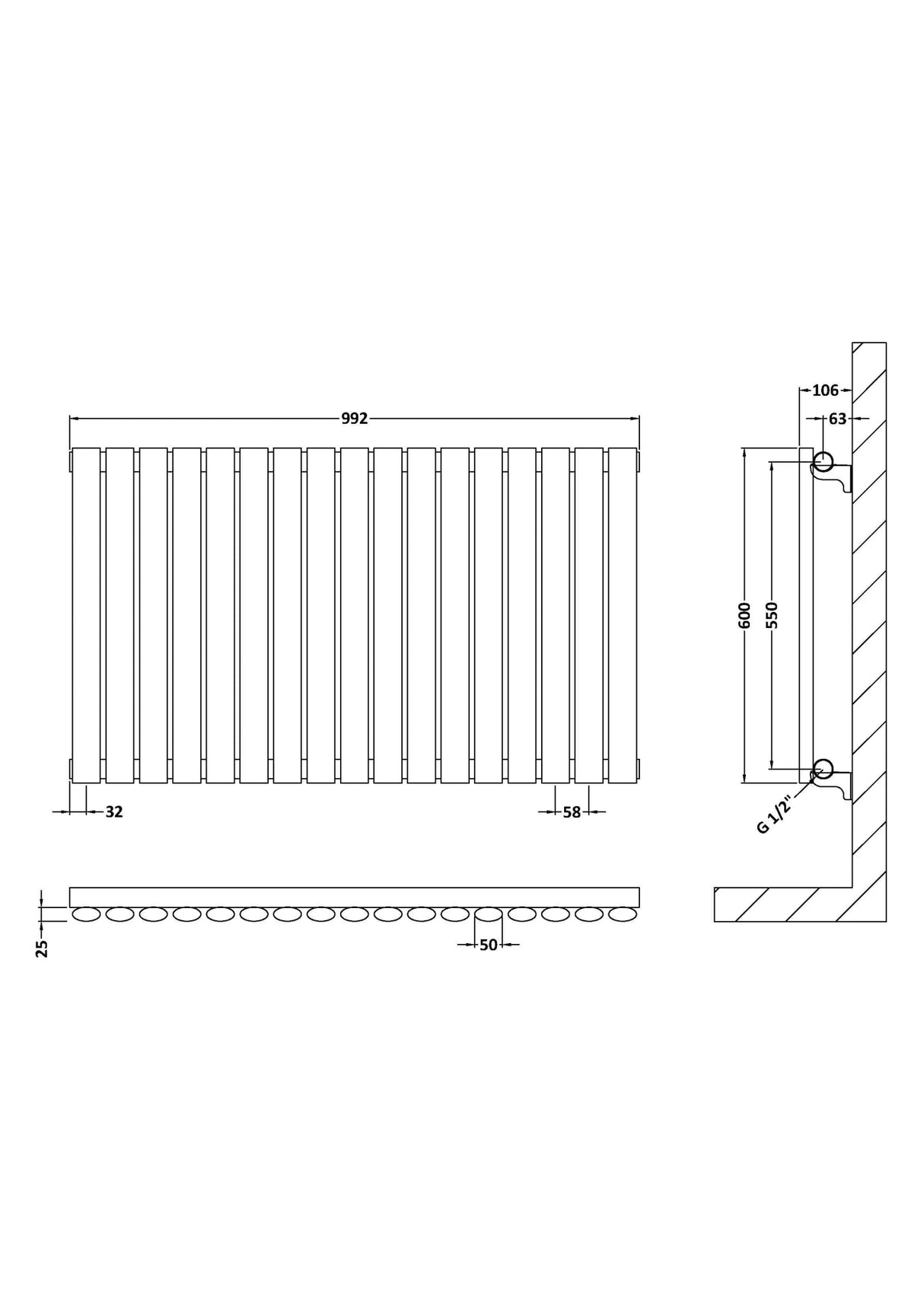 Hudson Reed Revive High Gloss White Horizontal Single Panel Radiator - 600mm x 992mm - Trusted Building Supplies