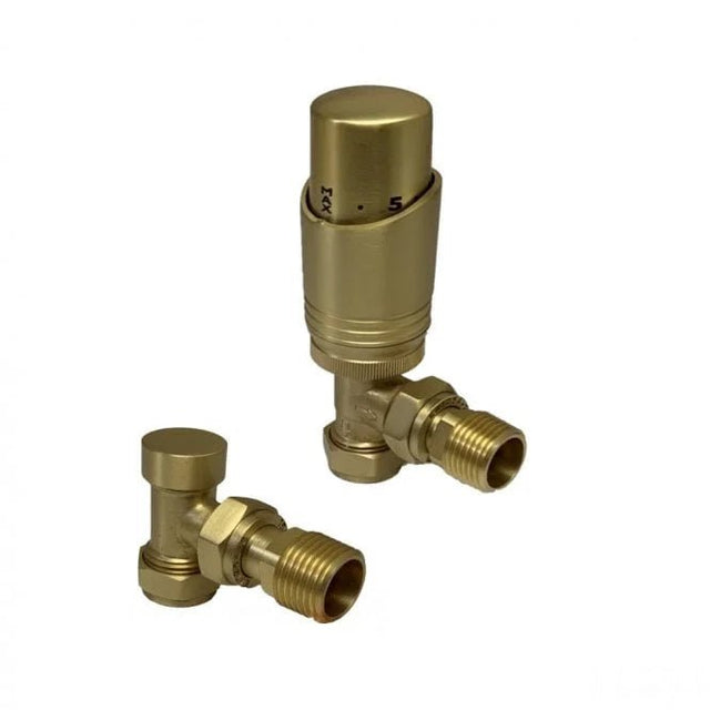 Kartell Brushed Brass Angled Thermostatic Radiator Valve - Twin Pack - Trusted Building Supplies