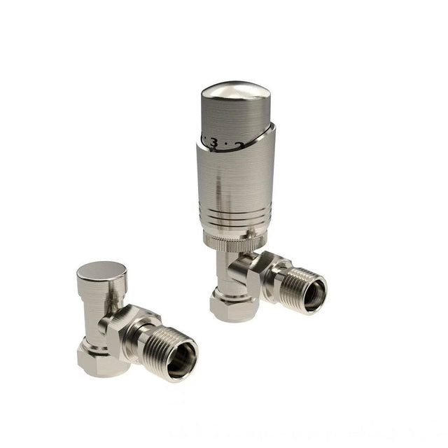 Kartell Brushed Nickel Angled Thermostatic Radiator Valve - Twin Pack - Trusted Building Supplies