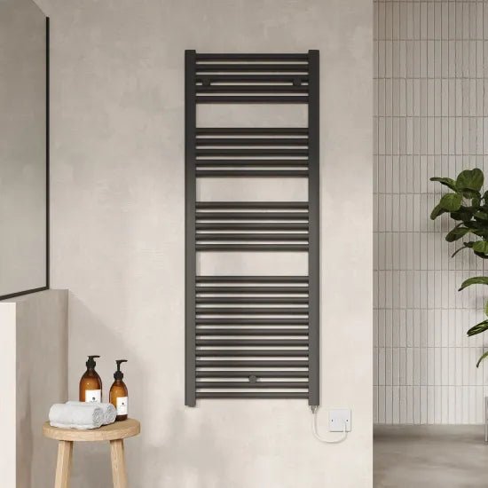 Nuie Anthracite Vertical Electric Heated Towel Rail - 1375mm x 480mm - Trusted Building Supplies