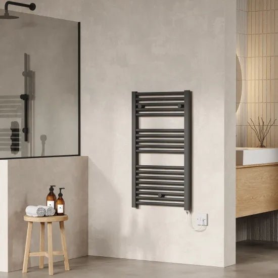 Nuie Anthracite Vertical Electric Heated Towel Rail - 920mm x 480mm - Trusted Building Supplies