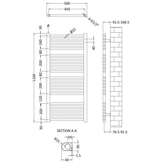 Nuie Anthracite Vertical Heated Towel Rail - 1150mm x 500mm - Trusted Building Supplies