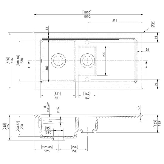 Nuie Black Inset Fireclay Kitchen Sink 1.5 Bowl - 1010mm x 525mm - Trusted Building Supplies