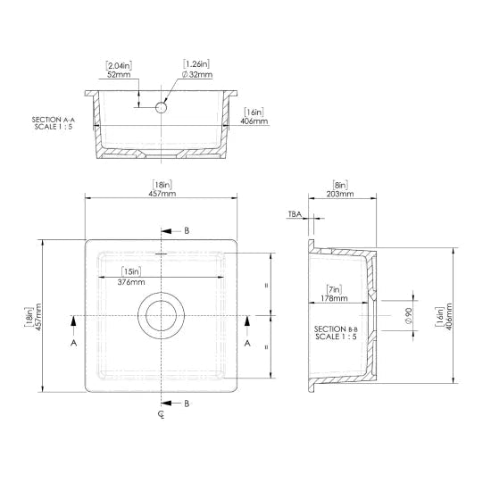 Nuie Black Undermount Fireclay Kitchen Sink 1 Bowl with Overflow - 457mm x 457mm - Trusted Building Supplies