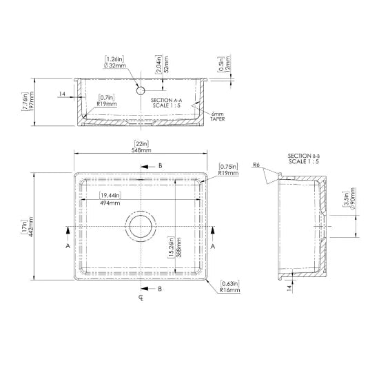 Nuie Black Undermount Fireclay Kitchen Sink 1 Bowl with Overflow - 548mm x 442mm - Trusted Building Supplies