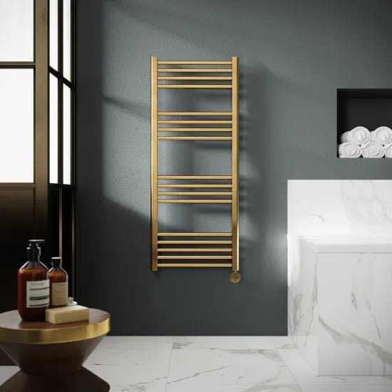 Nuie Brushed Brass Vertical Electric Heated Towel Rail - 1200mm x 500mm - Trusted Building Supplies