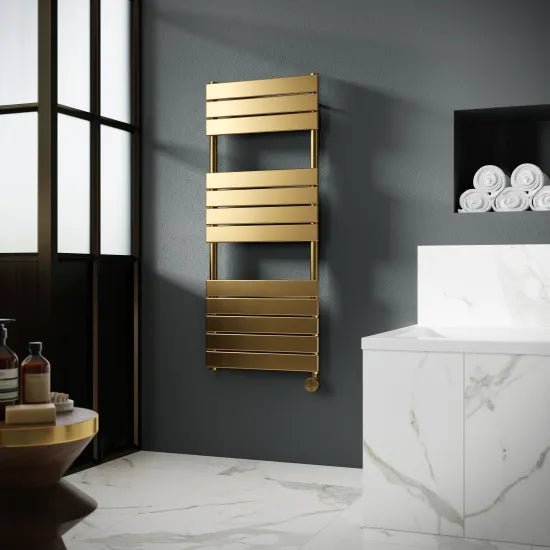 Nuie Brushed Brass Vertical Electric Heated Towel Rail - 1213mm x 500mm - Trusted Building Supplies